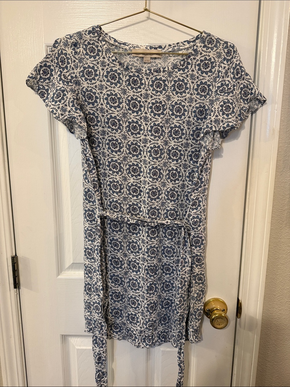LOFT Blue and White Floral Tie-Waist Dress